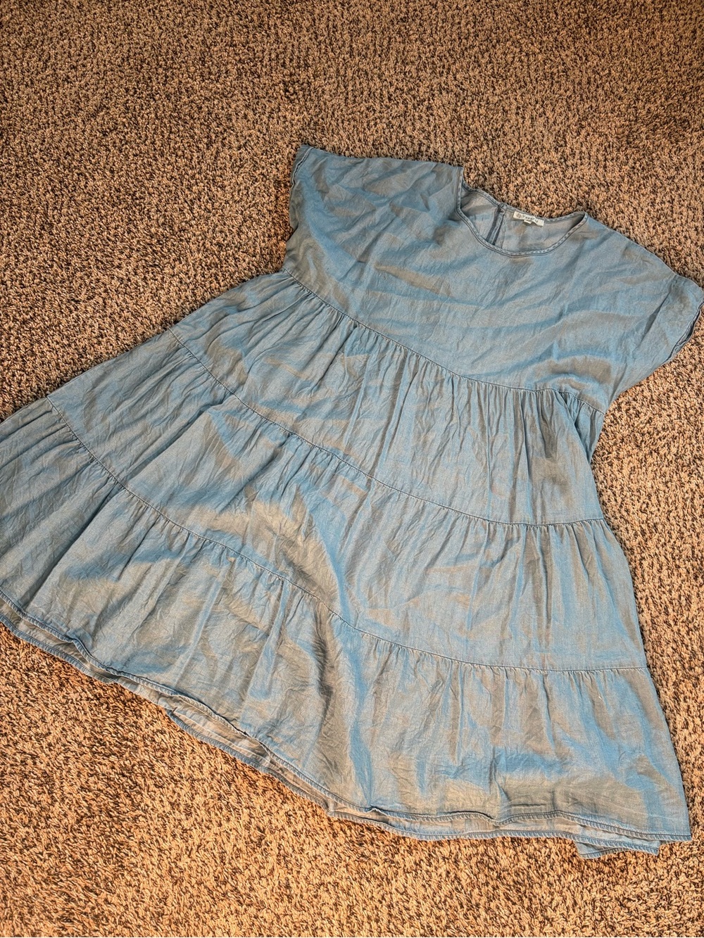 Light Blue Tiered Cotton/Chambray Denim Dress